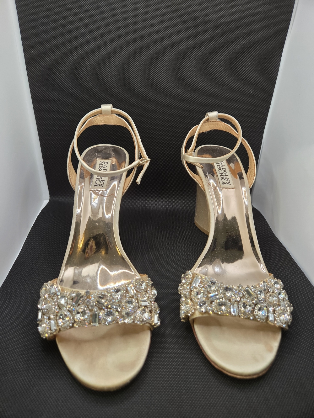 Badgley Mischka Gold Crystal Embellished Ankle-Strap Block Sandals
